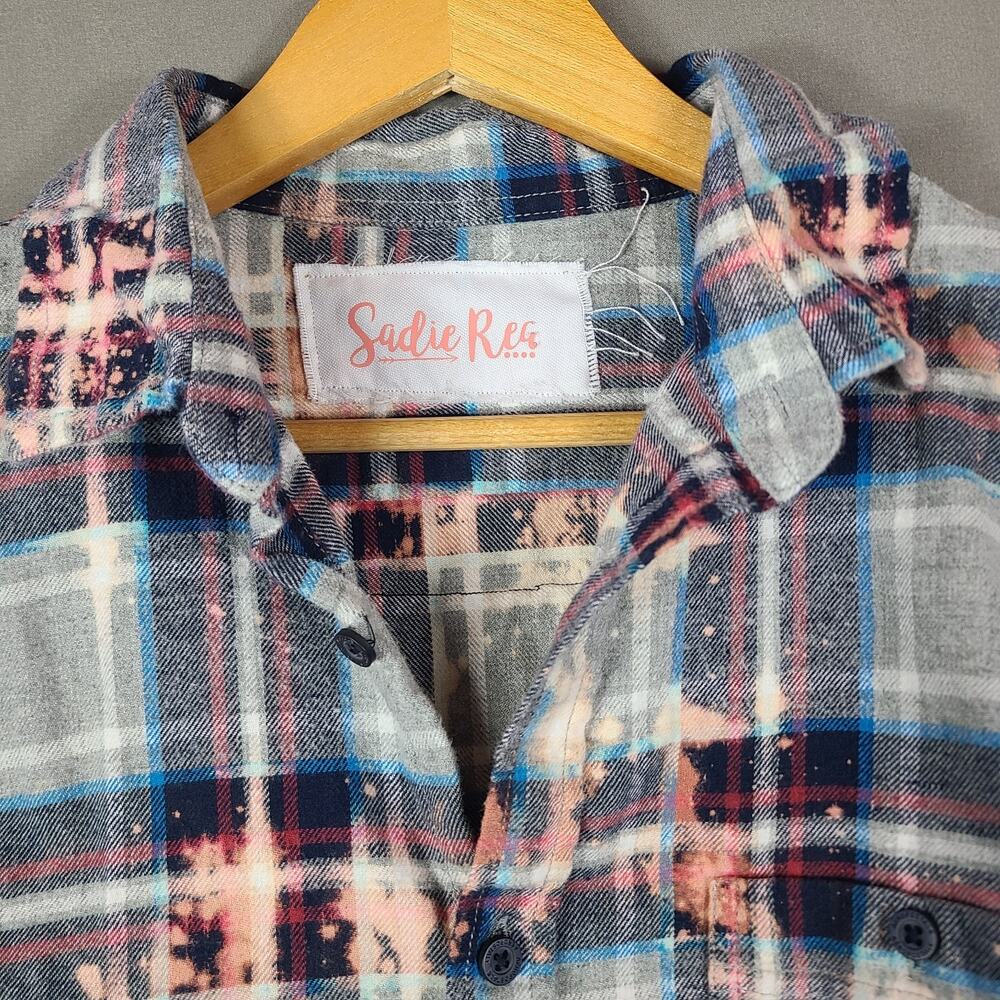 Upcycled OOAK Flannel Blue Plaid Bleached Country Western Cowgirl Rodeo Size L - Picture 8 of 11